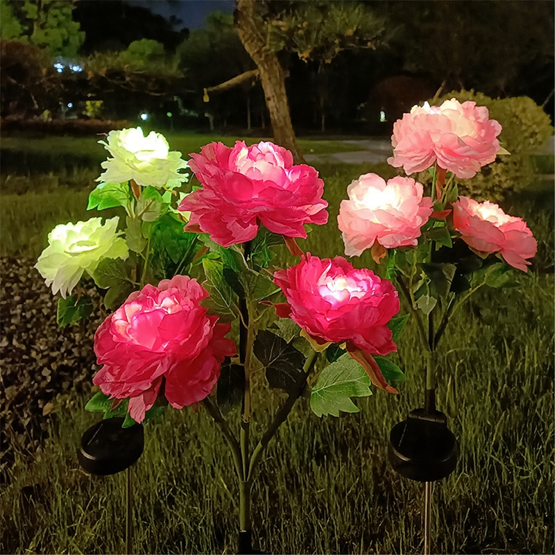 3 Heads Solar Peony Outdoor Simulation Flower Lamp LED Artificial Flower Ground Lamp  Garden and Courtyard Decorative Lights Holiday Party Decorative Lights