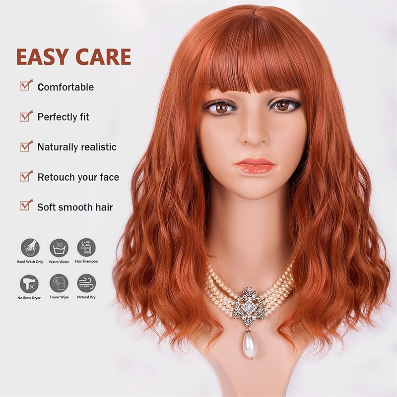 Orange Red Wigs for Women Short Wavy Bob Wig with Bangs Curly Ginger Wig Shoulder Length Copper Red Hair 14 Inch Colored Synthetic Wig for Cosplay Daily Party Use Halloween Wigs3