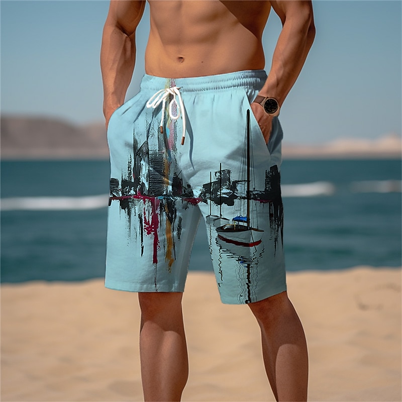 Men's Graphic Prints Building Sailboat Beach Shorts Terry Shorts Mid Waist Casual Athleisure Daily Holiday Streetwear Drawstring Elastic Waist 3D Print Designer Clothing Apparel2