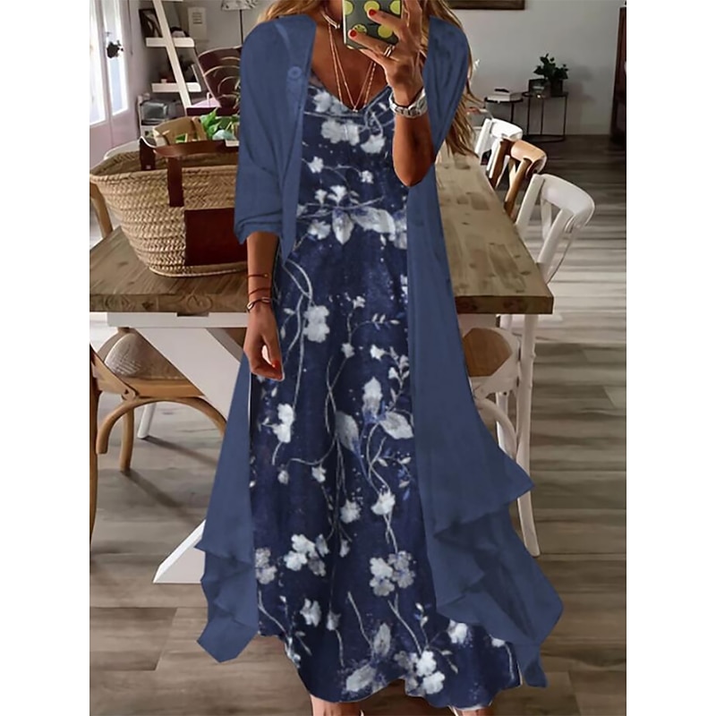 Women's Dress Set Casual Dress Print Dress Fashion Casual Floral Print Long Dress Maxi Dress 3/4 Length Sleeve V Neck Outdoor Vacation Pink Blue Sky Blue Summer Spring Regular Fit4