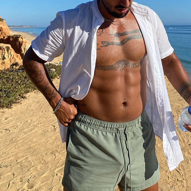 Men's Shirt Linen Shirt Chinese Collar Shirt Mandarin Collar Shirt Summer Shirt Beach Shirt Plain Vacation Casual White Short Sleeve Grandad Collar Summer Clothing Apparel2