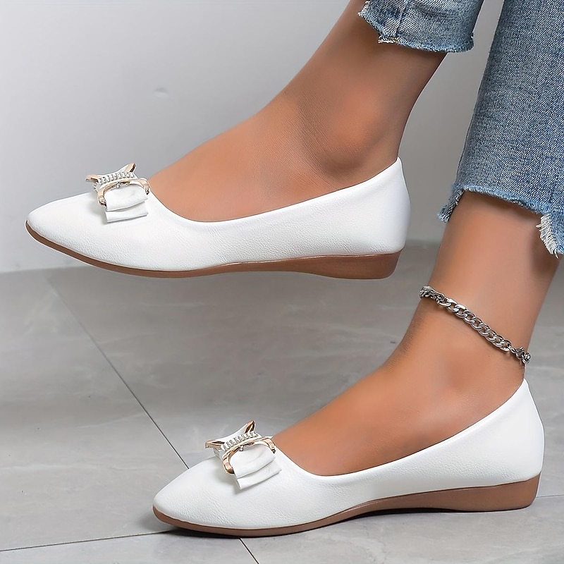Women's White Pointed-Toe Ballet Flats with Bow and Metal Accent – Elegant Casual Shoes for Work, Parties, and Everyday Wear3