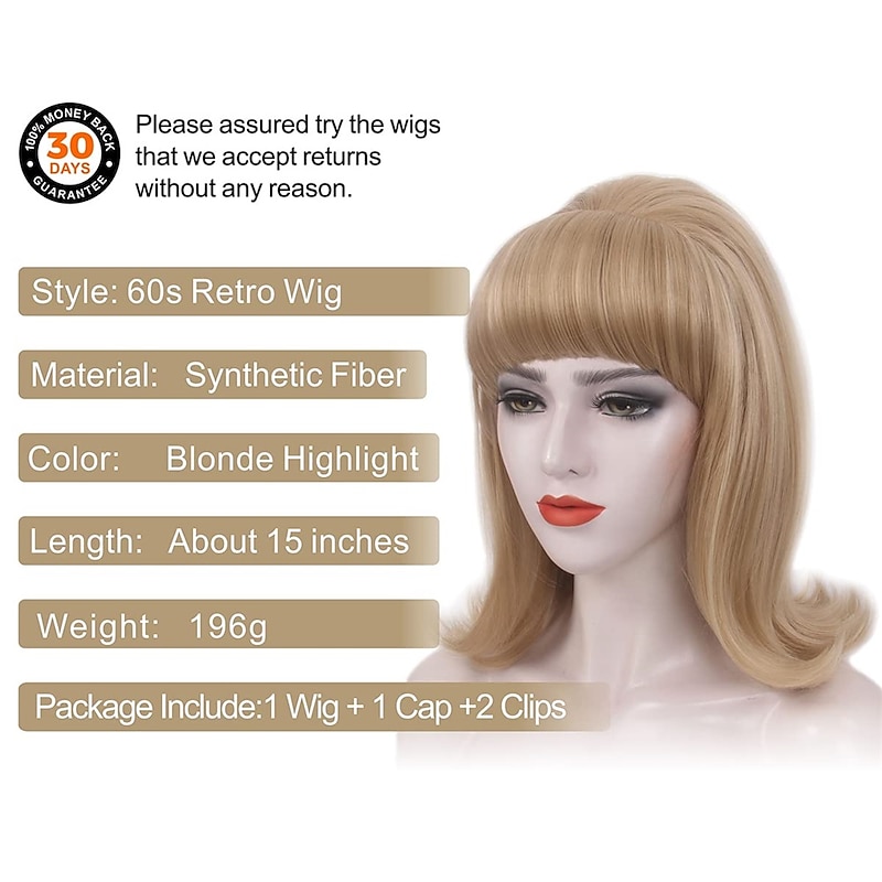 Blonde Beehive Wig With Bangs 50's Flip Wig For Women 60s 70s Party Costume Cosplay Carnival Halloween Wigs2