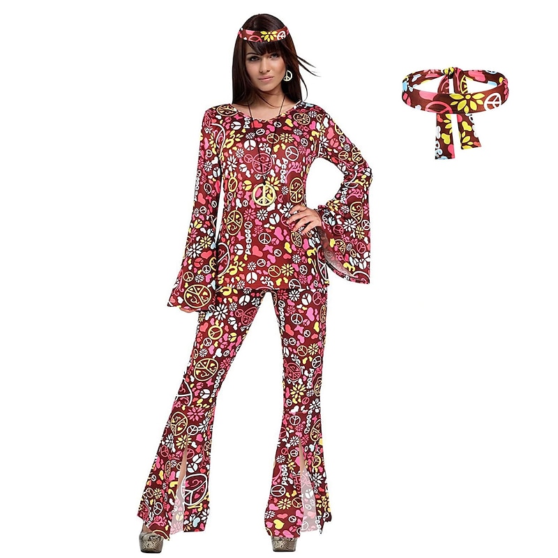 Hippie Retro Vintage 1960s Hippie 1970s Headband Shirt Bell Bottom Pants Flared Trousers Women's Costume Vintage Cosplay Party / Evening Carnival Masquerade Long Sleeve Shirt Halloween3
