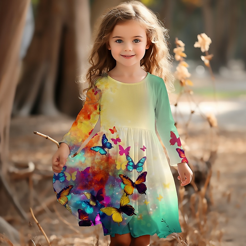 Girls' 3D Graphic Butterfly Dress Long Sleeve 3D Print Summer Spring Fall Vacation Sports & Outdoor Daily Cute Casual Beautiful Kids 3-12 Years Casual Dress A Line Dress Above Knee Regular Fit3