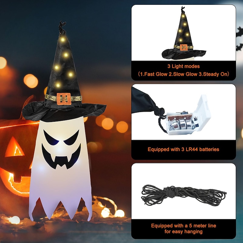 Halloween Lighted Ghost Witch Hat Decorations Hanging Outdoor Ornaments Halloween Decor for Party Indoor Outdoor Home Tree Garden Yard3