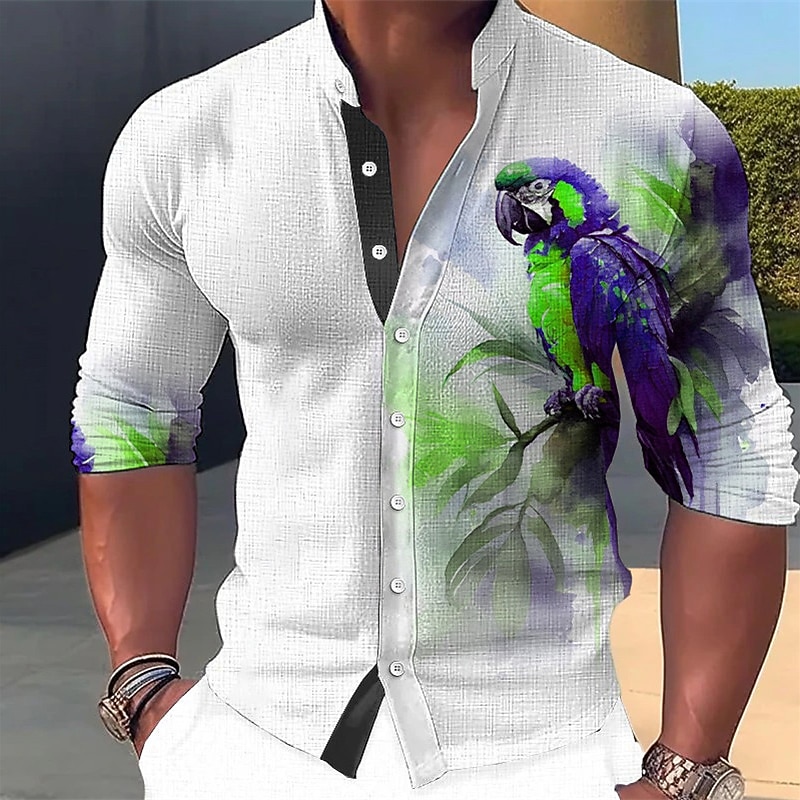 Men's Parrot Shirt Button Up Shirt Long Sleeve Fashion Streetwear Designer Outdoor Casual Daily Summer Spring Fall Stand Collar Print Yellow Pink Red Blue Green4