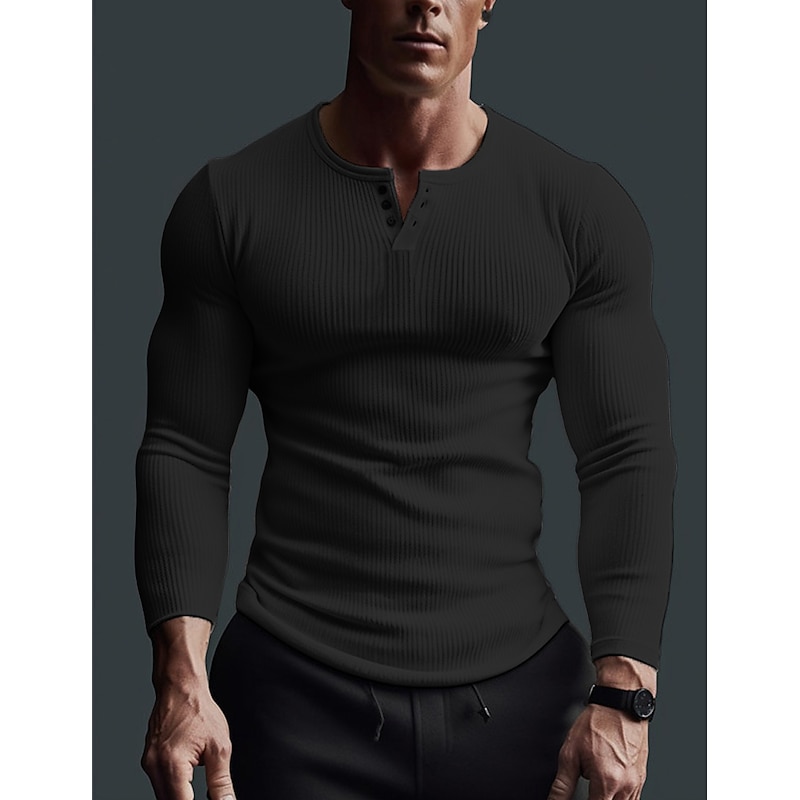 Men's Henley Shirt Muscle Shirt Ribbed Knit tee Tee Top Long Sleeve Shirt Long Sleeve Plain Pit Strip Fashion Designer Basic Henley Vacation Street Going out Summer Black White Dark Gray Henley2