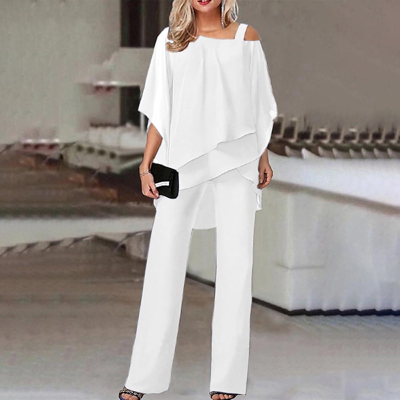 Women's Streetwear Daily Shirt Pants Sets Wide Leg Pants Trousers Jumpsuit Short Sleeve One Shoulder Solid Color Casual Daily White Dark Navy Blue Fall & Winter Regular Fit4