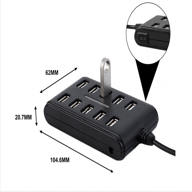 Portable 1PC General Purpose Work Home With Switch ABS Plastic Double Row Ten Port USB HUB2