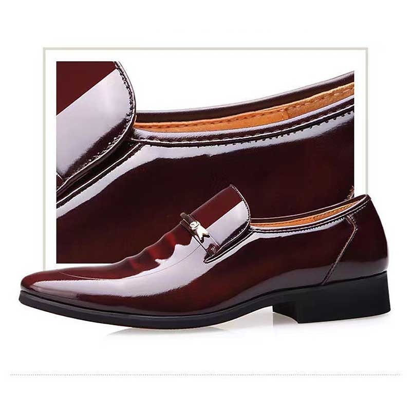 Men's Burgundy Patent Faux Leather Loafers – Elegant Slip-On Dress Shoes with Metal Accent for Formal Events and Office Wear3