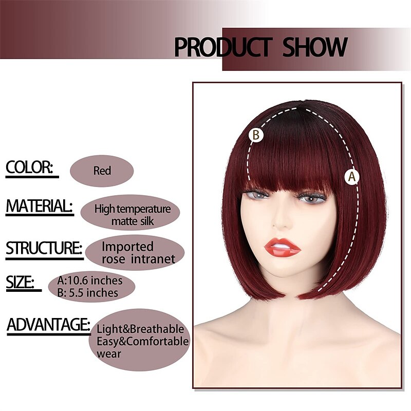 Short Wine Red Bob Wig with Bangs Straight Burgundy Wig Bob for Women Short Straight Wig Natural Looking for Daily and Party Halloween Wigs2