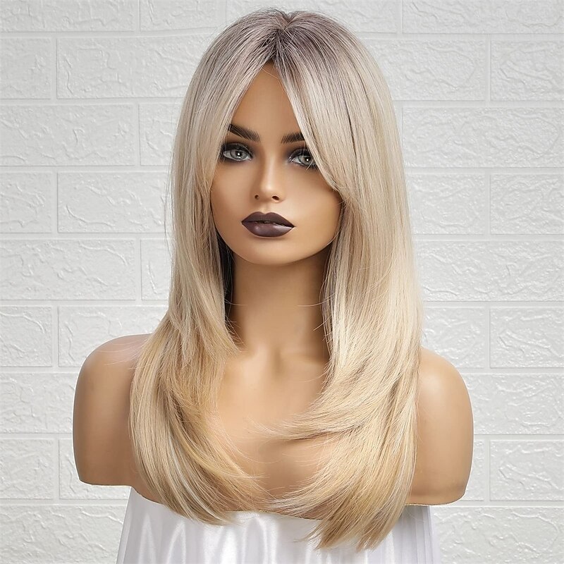 Ombre Blonde Wigs with BangsShoulder Length Ash Blonde Wig for Women Layered Wigs Dark Roots Synthetic Wigs for Daily Party 24IN Halloween Wigs4