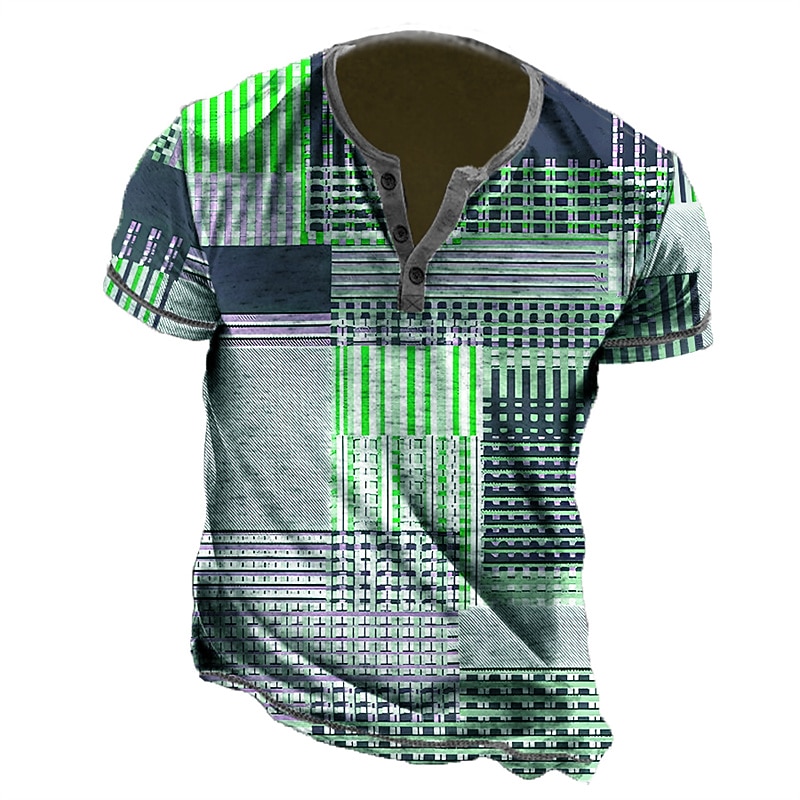 Fathers Day Cityscape T-Shirt Mens Graphic Henley Stripe Clothing Apparel 3D Print Outdoor Daily Short Sleeve Button Down Fashion Designer Comfortable Checkered Casual Grey Geometric Pattern Cotton Bu2