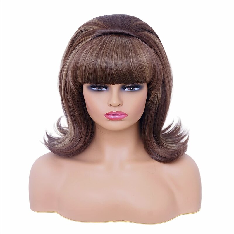 Short Brown Mixed Wig with Bang Retro Bouffant Beehive Wigs fits 80s Costume or Carnival Party Halloween Wigs