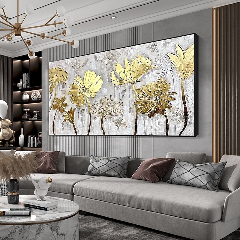 Handmade Oil Painting Canvas Wall Art Decor Original Gold Leaf Floral Art Painting for Home Decor With Stretched Frame/Without Inner Frame Painting4