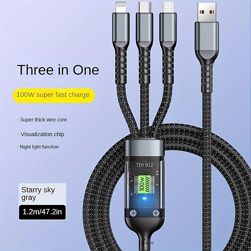 100W Super Fast Charging Cable 3 in 1 Braided Data Cable for Xiaomi Huawei 6A Quick Charge Cable Support Data Transfer