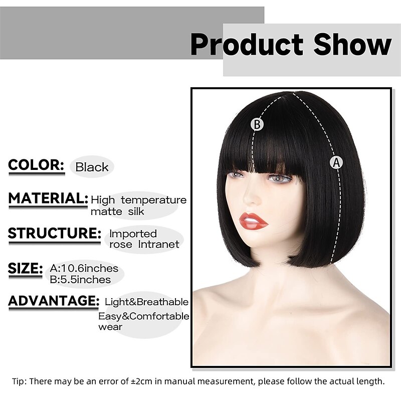 Black Short Bob WigStraight Black Bob Wig with bangs 10 inch Straight Bob Bangs Wig for Women Natural Looking for Daily Use Halloween Wigs2