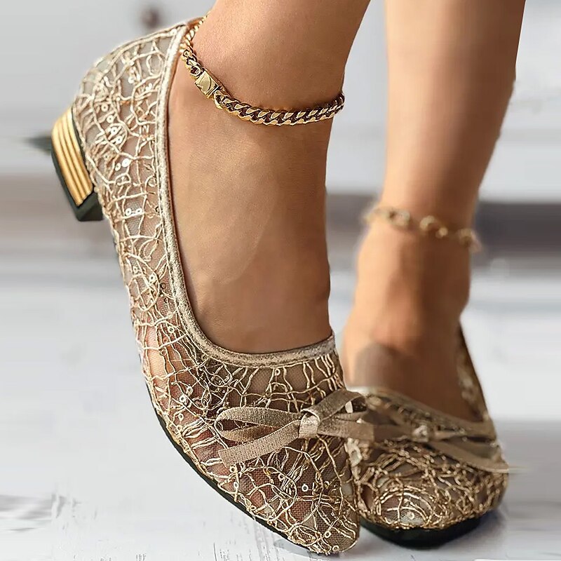 Women's Flats Plus Size Sparkly Sandals Comfort Shoes Outdoor Daily Solid Color Summer Bowknot Lace Chunky Heel Pointed Toe Elegant Casual PU Loafer Silver Gold3