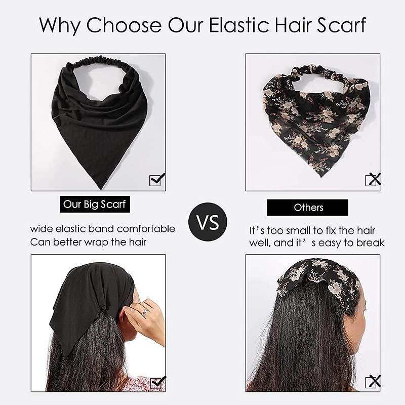 1PC Scarf Headband for Women - Elastic Large Boho Triangle Bandana Head Scarves with Clips Non Slip Solid Color Hair Kerchief for Teen Girls3
