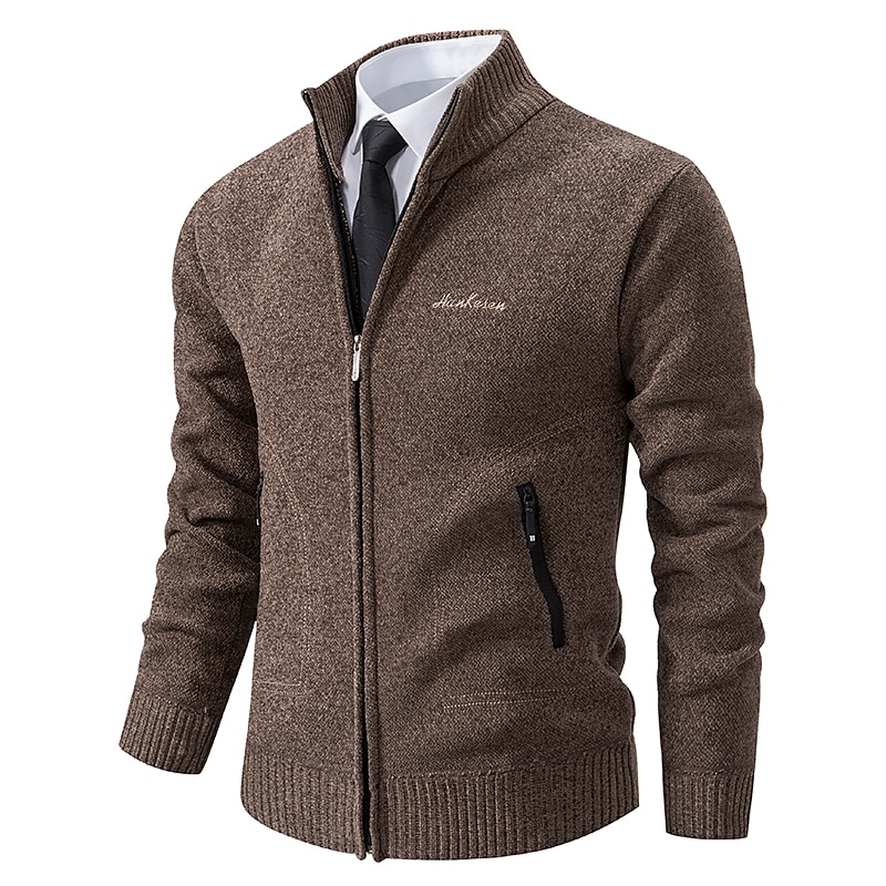 Men's Sweater Cardigan Sweater Ribbed Knit Regular Knitted Stand Collar Warm Ups Modern Contemporary Daily Wear Going out Clothing Apparel Fall & Winter Black Light Grey S M L4