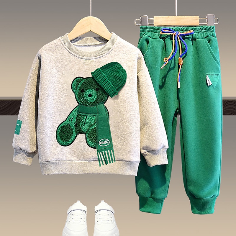 2 Pieces Kids Boys Hoodie & Sweatpants Set Clothing Set Outfit Bear Letter Long Sleeve Pocket Set Outdoor Fashion Cool Daily Spring Fall 7-13 Years Black White Army Green