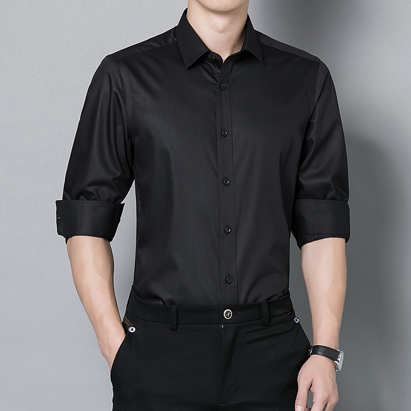 Men's Work Shirt Non Iron Shirt Solid / Plain Color Wedding Office & Career Light Blue Black White Dark Navy Long Sleeve Turndown All Seasons Clothing Apparel2