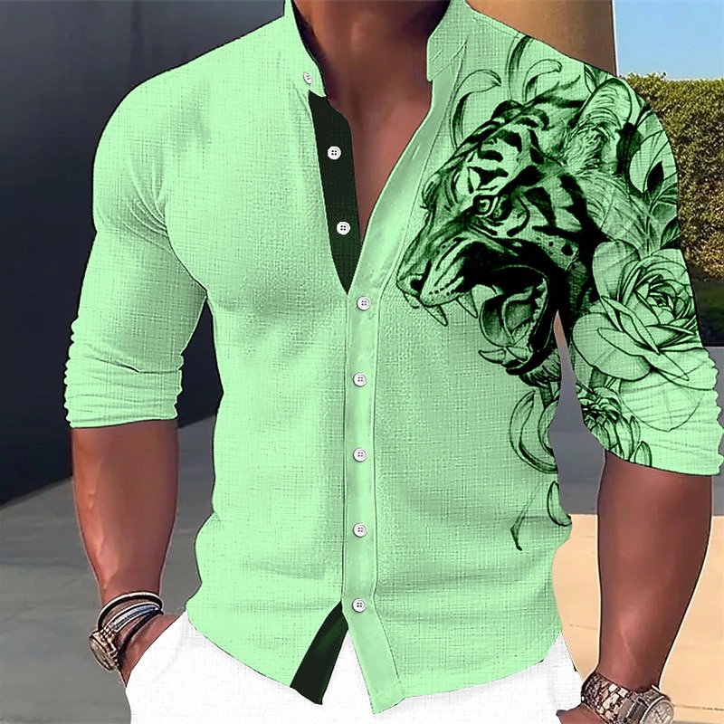 Men's Animal Tiger Shirt Button Up Shirt Long Sleeve Fashion Streetwear Designer Outdoor Casual Daily Summer Spring Fall Stand Collar Print White Pink Blue Green Khaki3