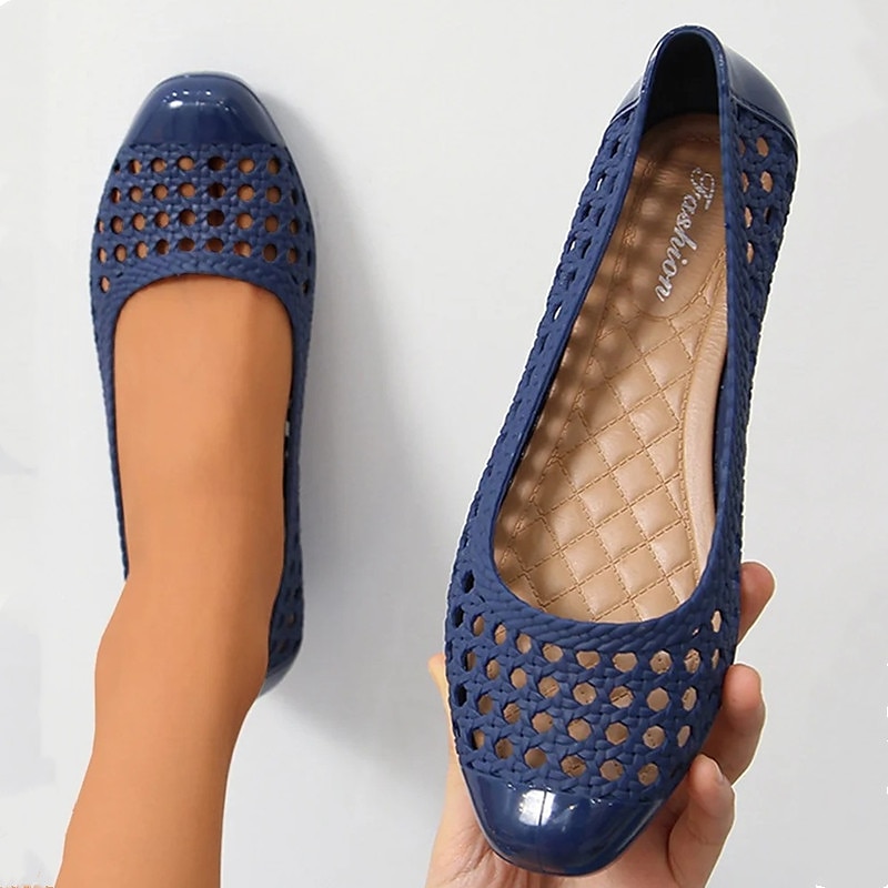 Women's Navy Blue Hollow Slip-On Flats – Lightweight Breathable Jelly Shoes with Cushioned Insole for Summer Casual Wear and Beach Walks
