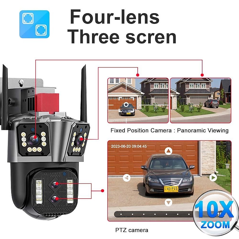 16MP 8K WiFi IP Camera 10X Zoom 4K Outdoor Security Camera Surveillance AI Track Four Lens Three Screen Mini Street Camera 360°3