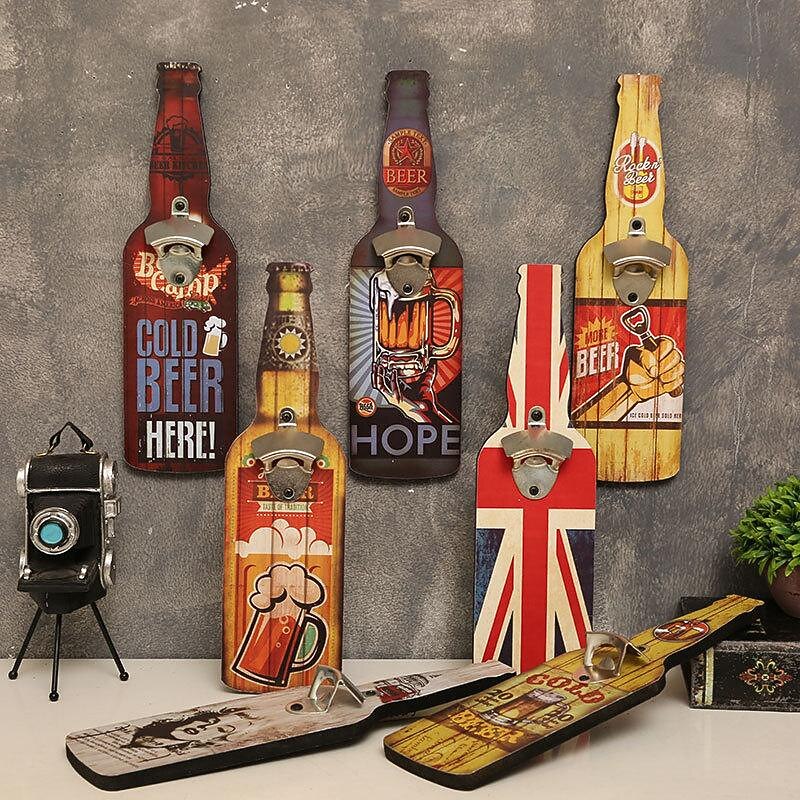 1pc Retro Wooden Bottle Opener Wall Mounted Hanging Beer Openers Bar Tools Alloy Electroplating Process Bar Cafe Wall Decoration 11x39cm/4.3''x15.4''4