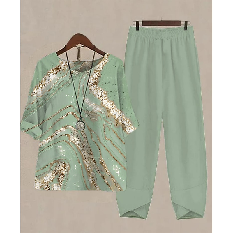 Women's 2 Pieces Daily Basic Shirt Pants Sets Pants Trousers Round Neck Graphic Print Holiday Weekend Pink Red Blue Fall & Winter Regular Fit