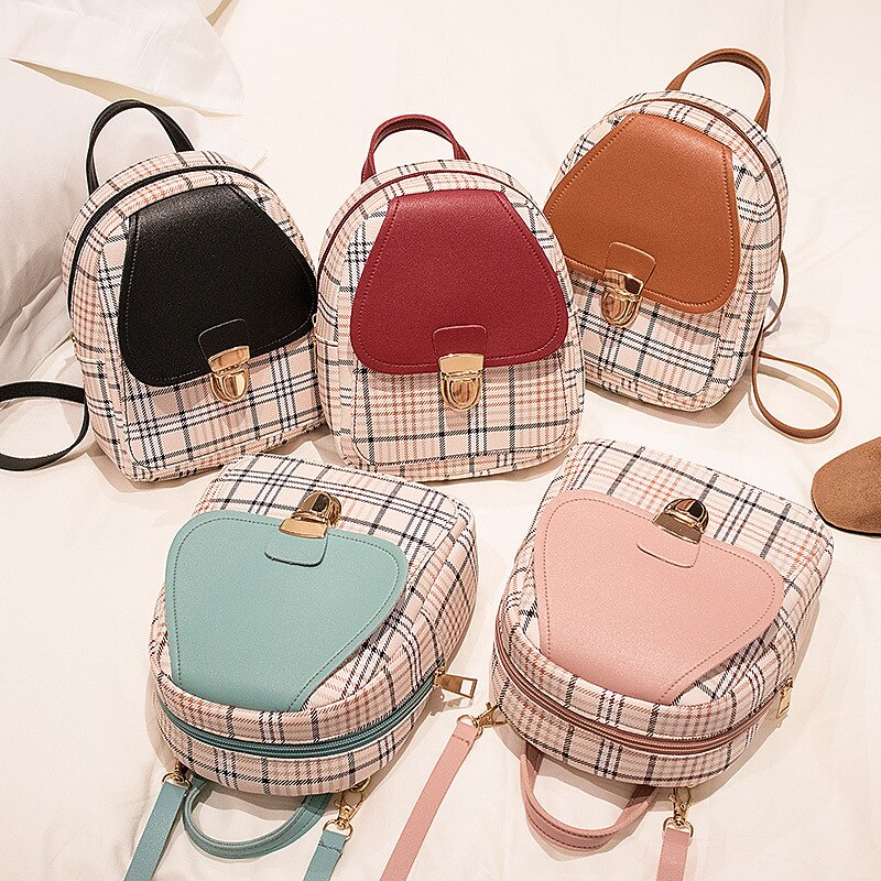 Plaid Mini Backpack with Leather Flap and Buckle – Stylish and Compact Back to School Bag in Multiple Colors