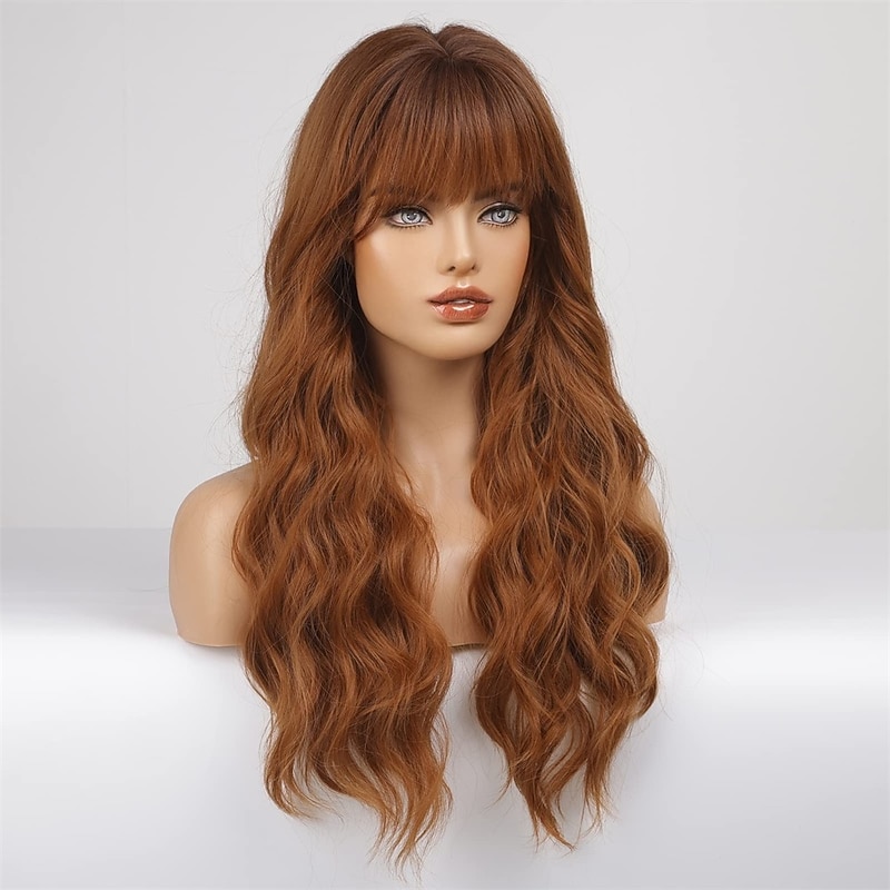 Ombre Auburn Wig with Bangs Long Curly Wig with Bangs orange wig Natural Appearance Heat-Resistant Synthetic Wig Suitable for Fashionable Women4
