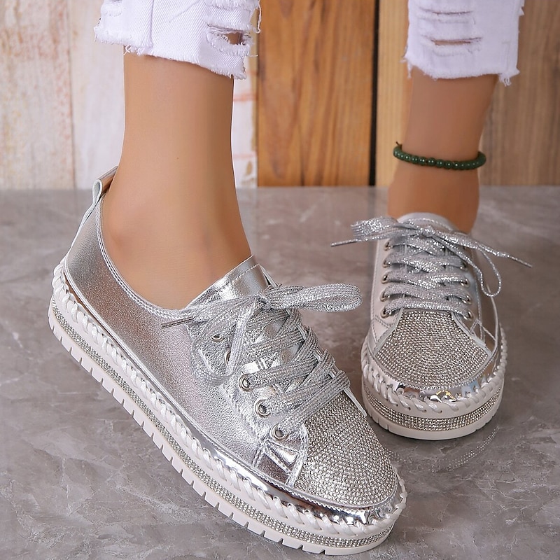 Women's Sneakers Flats Bling Bling Shoes Plus Size Platform Sneakers Party Outdoor Daily Solid Color Summer Rhinestone Flat Heel Round Toe Fashion Casual Minimalism PU Lace-up White Silver 12