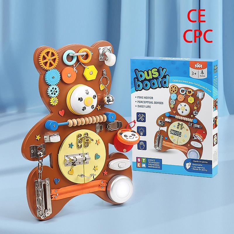 Montessori Teaching Aids Wooden Double-Sided Bear Busy Board Montessori Drawing Board Mechanism Unlocking Educational Toys Go to School Holiday Gifts for Kids2