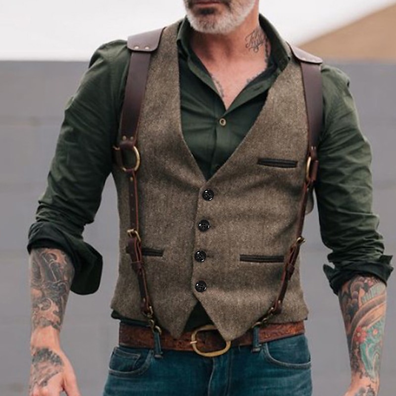Men's Western Vest Waistcoat Outdoor Party / Evening Camping & Hiking Festival Vintage Casual Polyester Solid Colored Single Breasted One-button V Neck Slim Black Brown Light Grey Vest