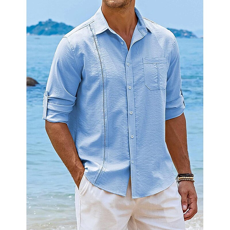 Men's Shirt Guayabera Shirt Linen Shirt Button Up Shirt Summer Shirt Beach Shirt Black White Navy Blue Long Sleeve Plain Turndown Spring & Summer Casual Daily Clothing Apparel Patchwork