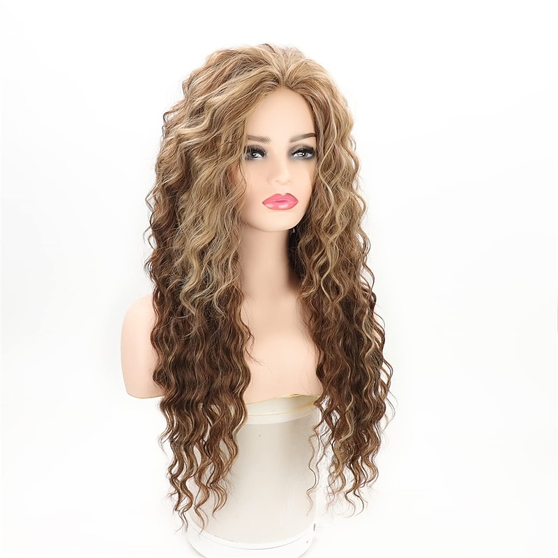 Brown Highlights Long Curly Wigs for Women Heat Resistant Synthetic Hair Brown Mixed Blonde Wave Curly Wig3