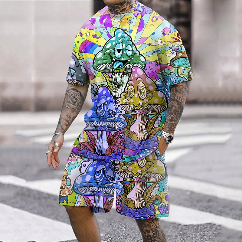 Men's Graphic Mushroom 2pcs Tees sets Short Sleeve Short Pants Crew Neck Designer Casual Comfortable Outdoor Vacation Daily 3D Print Spring & Summer Pink Red Blue2