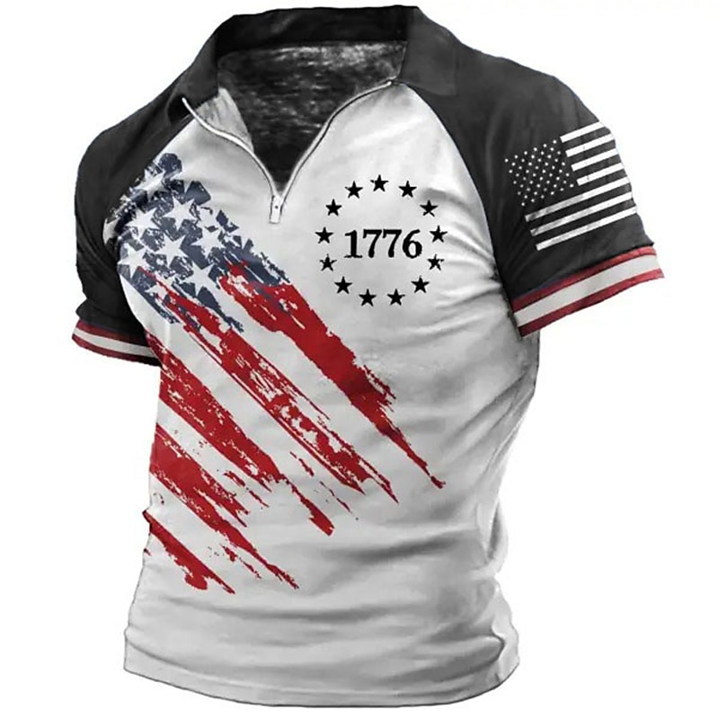 Men's Graphic Prints American Flag Veterans Patriotic Polo Shirts Zip Polo Golf Shirt Short Sleeves Shirt Turndown Outdoor Street Black Wine Blue Brown Zipper Print Clothing Apparel Fashion Designer4
