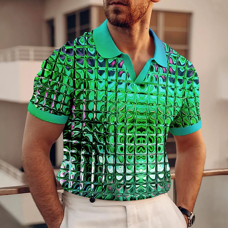 Men's Graphic Polo Shirts Golf Shirt Short Sleeve Polo Shirts V Neck Casual Vacation Wear Rave Wear Party Outfits 3D Print Yellow Pink Army Green2