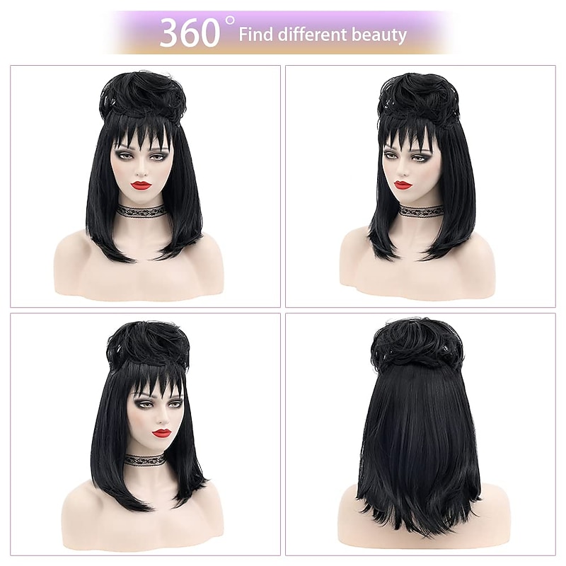 Beetlejuice 2 Lydia Deetz Cosplay Costume Party Wig Bride Fluffy Buns Curly Women'S Black Medium Long Straight Beetle Wig With Bangs Carnival Costume Accessories Halloween Wigs3