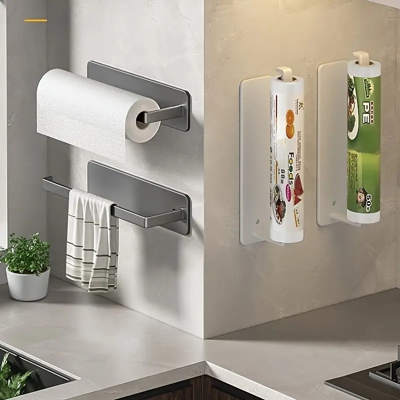 Kitchen Paper Towel Rack Non Perforated Cabinet Roll Paper Storage Rack Kitchen Plastic Wrap Towel Bar Storage Rack2