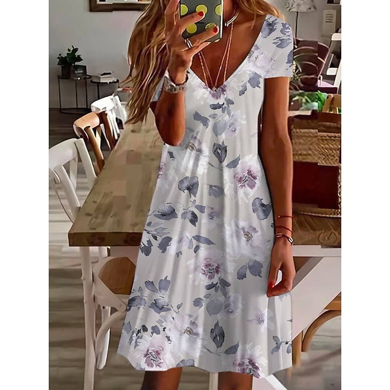 Women's Mini Dress Petite Dress T Shirt Dress Tee Dress Sundress Summer Dress Active Fashion Streetwear Outdoor Vacation Birthday Regular Fit Floral Short Sleeve V Neck Pink Blue Purple2