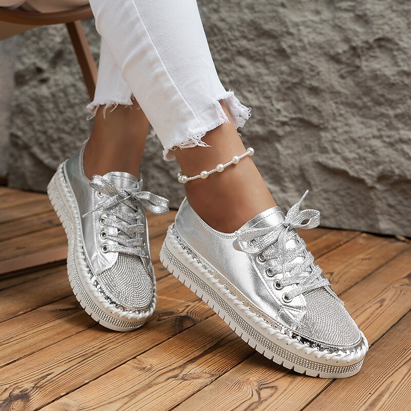 Women's Sneakers Flats Bling Bling Shoes Plus Size Platform Sneakers Party Outdoor Daily Solid Color Summer Rhinestone Flat Heel Round Toe Fashion Casual Minimalism PU Lace-up White Silver 13
