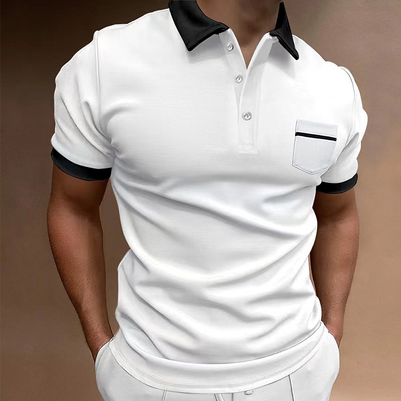Men's Polo Shirts Button Up Polos Casual Holiday Lapel Short Sleeve Fashion Basic Color Block Buttons Pocket Summer Regular Fit Light Sky Blue White Red Navy Blue Black-white Polo Shirts3