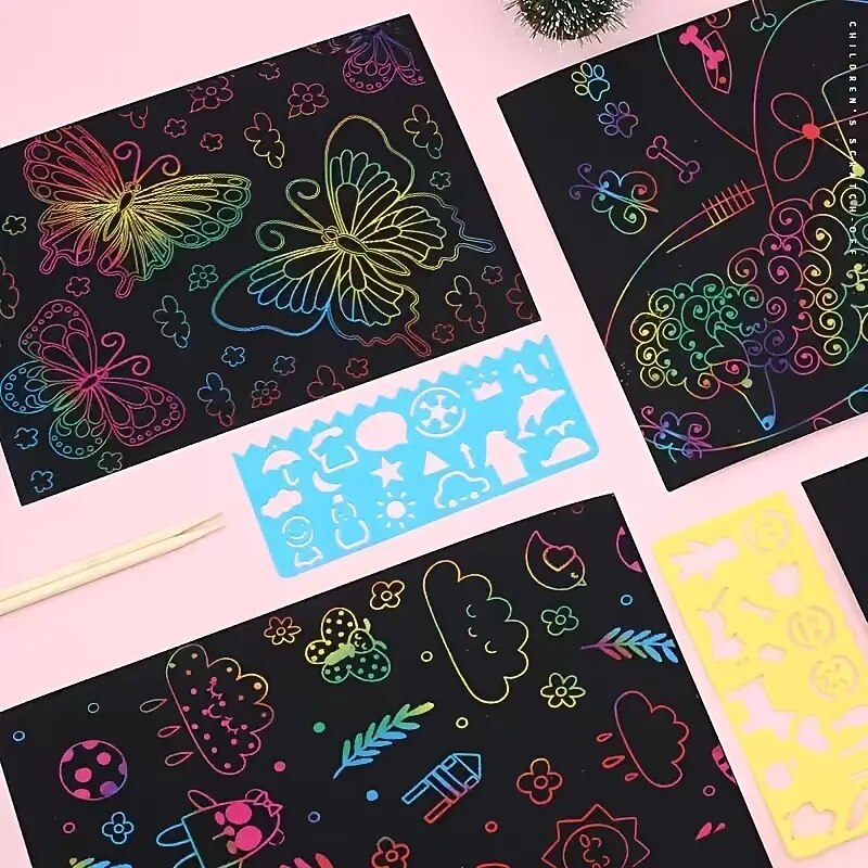 12 Sheets Rainbow Scratch Off Notebooks Arts Crafts Supplies Set Color Drawing Paper Kit For Kids Birthday Game Party Favor Festival Easter Activity Toy4