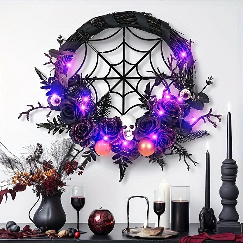 Halloween Wreath Hanging Decoration In Front Of The Door Ghost Festival Skeleton Pumpkin Maple Leaf Black Wreath With Lights