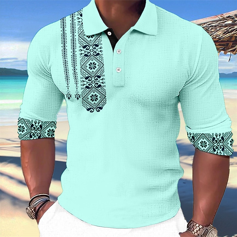 Men's Tribal Hawaiian Polo Shirts Golf Shirt Long Sleeve Polo Shirts Collared Shirts Vintage Casual Beach Wear Vacation Wear Tropical Wear Party Outfits 3D Print Buttons Blue-Green White Blue3